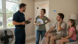 Family experiencing uneven cooling after AC installation while an HVAC technician evaluates the problem