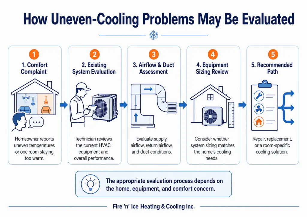 AC installation diagram showing how uneven-cooling problems may be evaluated through system, airflow, ductwork, and sizing checks