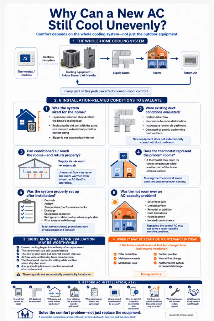 AC installation infographic showing sizing, ductwork, airflow, thermostat placement, commissioning, and other causes of uneven cooling