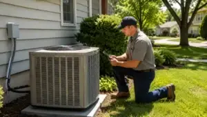AC maintenance technician checking an outdoor condenser beside a suburban home