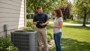 HVAC technician helping a homeowner compare AC replacement and repair options