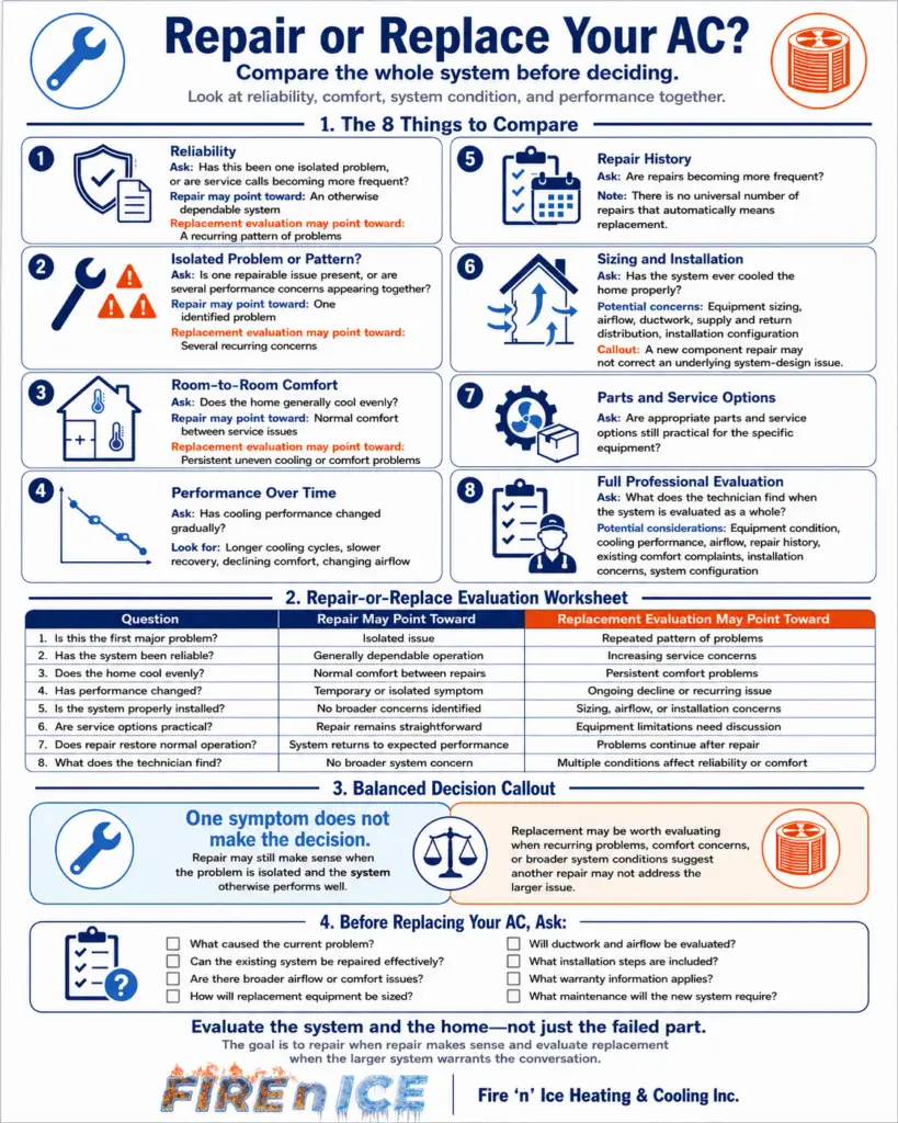 AC replacement or repair infographic comparing reliability, comfort, repair history, installation, and system condition