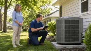 HVAC technician helping a homeowner decide whether the system needs an AC tune-up or repair