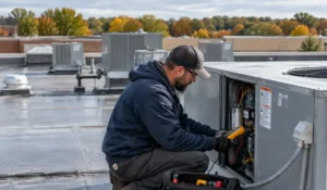 Commercial HVAC technician inspects rooftop heating and cooling equipment during fall maintenance before colder weather arrives.