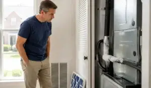 Homeowner observing ice buildup on an AC refrigerant line near indoor HVAC equipment.