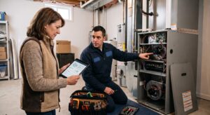 HVAC technician explaining a furnace repair estimate to a Naperville homeowner