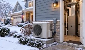 Heat pump vs. furnace options at a snowy Chicago-area home with both heating systems clearly visible.