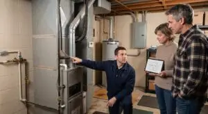 HVAC professional evaluating heating options with homeowners in an older Naperville home