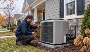 HVAC technician inspecting hybrid heat pumps beside a suburban home during a professional residential heating assessment.