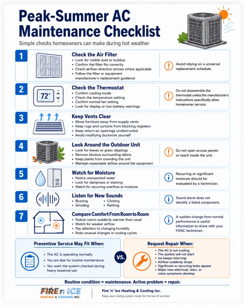 Peak-Summer AC Maintenance Checklist infographic showing filter, thermostat, vents, outdoor unit, moisture, sounds, room comfort, and repair warning signs