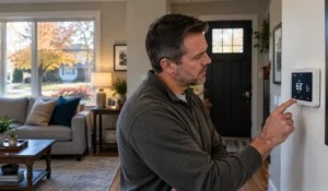 Homeowner checks a thermostat set to heat before heating season while troubleshooting a possible heating system problem.
