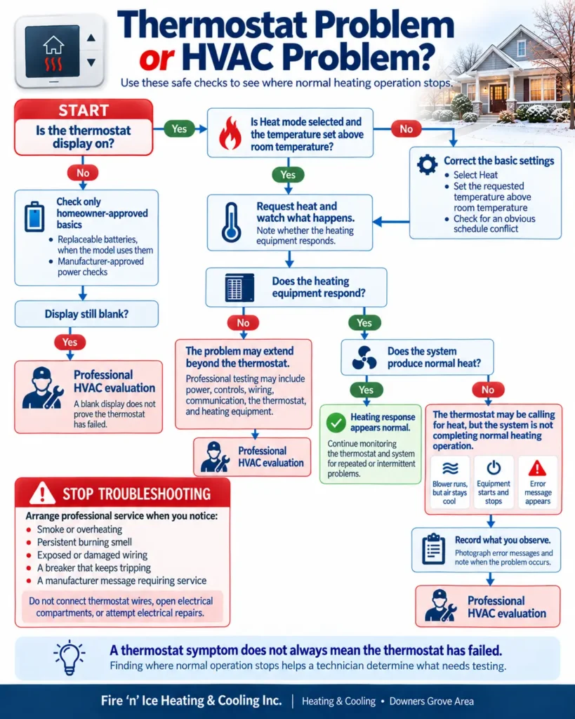 Thermostat not working diagnostic flowchart showing safe heating checks, system responses, warning signs, and professional HVAC evaluation steps.